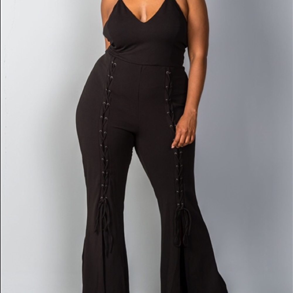 Black Lace Up Split Leg Plus SizeJumpsuit